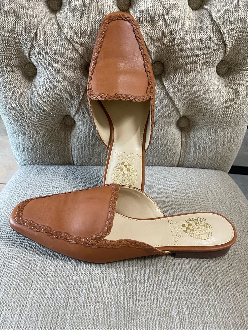 Vince Camuto NEW Cognac Braided Leather Slip-On Mules / Sz 7.5 - Picture 13 of 14
